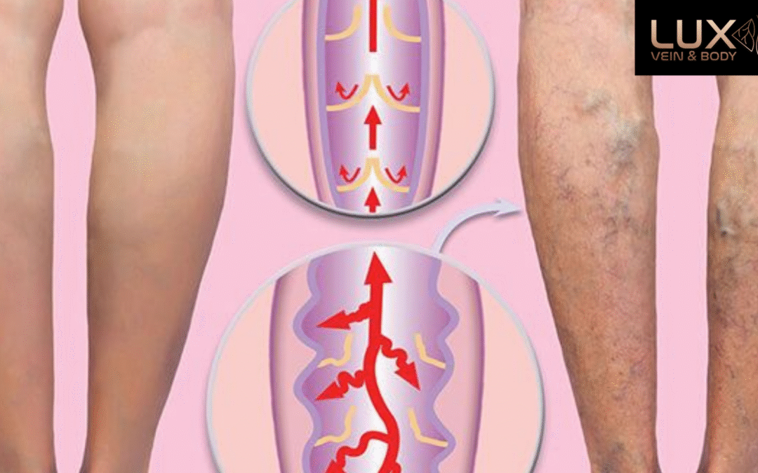 Illustration showing normal vs. abnormal vein valve function with a comparison of healthy legs and legs affected by varicose veins, highlighting venous reflux and poor blood flow, branded with Lux Vein & Body.