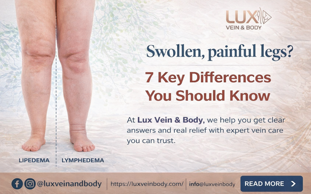 Banner showing comparison of legs with Lipedema and Lymphedema. Text: ‘Swollen, painful legs? 7 Key Differences You Should Know. At Lux Vein & Body, we help you get clear answers and real relief with expert vein care.’ Lux Vein & Body logo and contact info included.